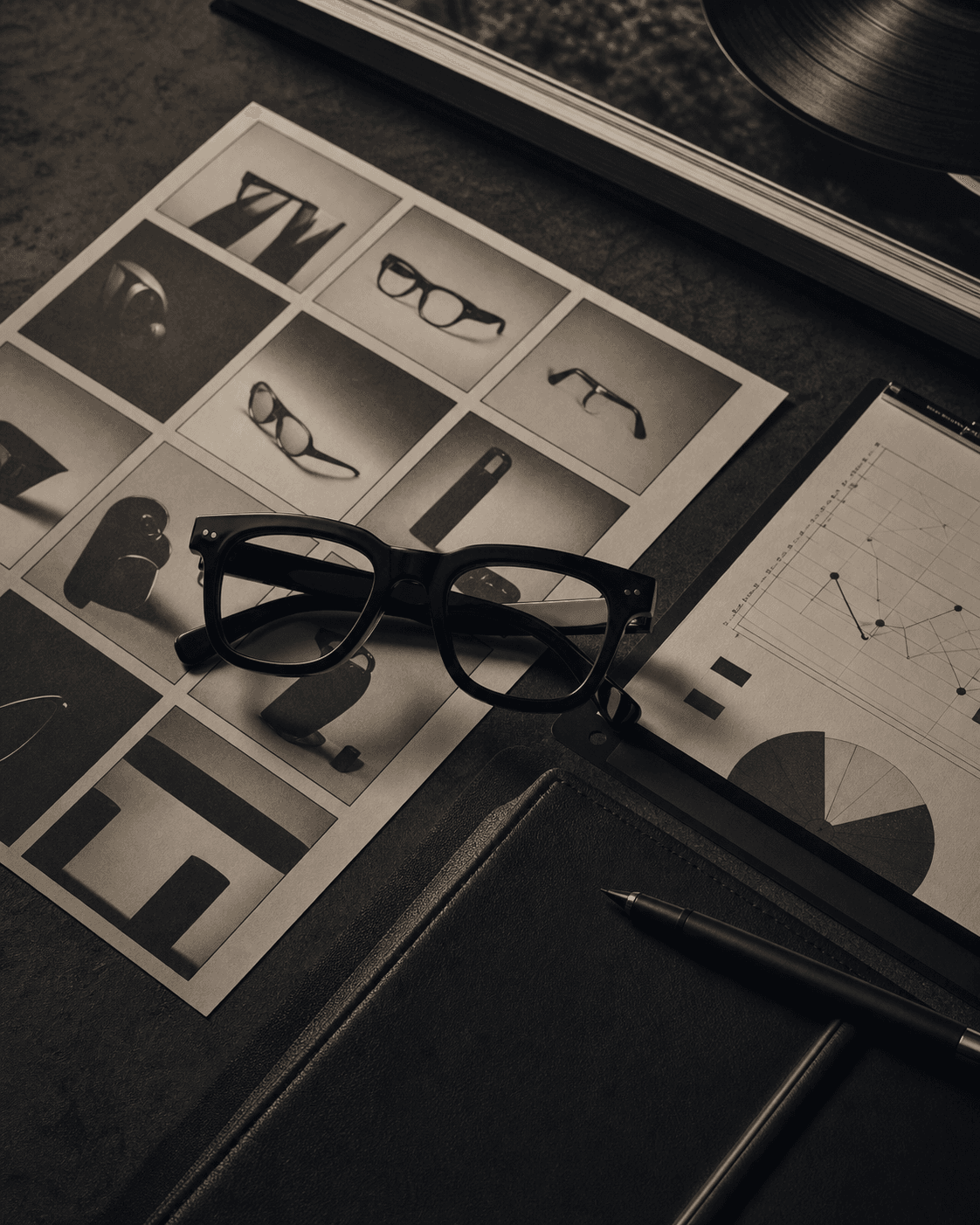 Black eyewear arranged with an assortment contact sheet and planning materials.